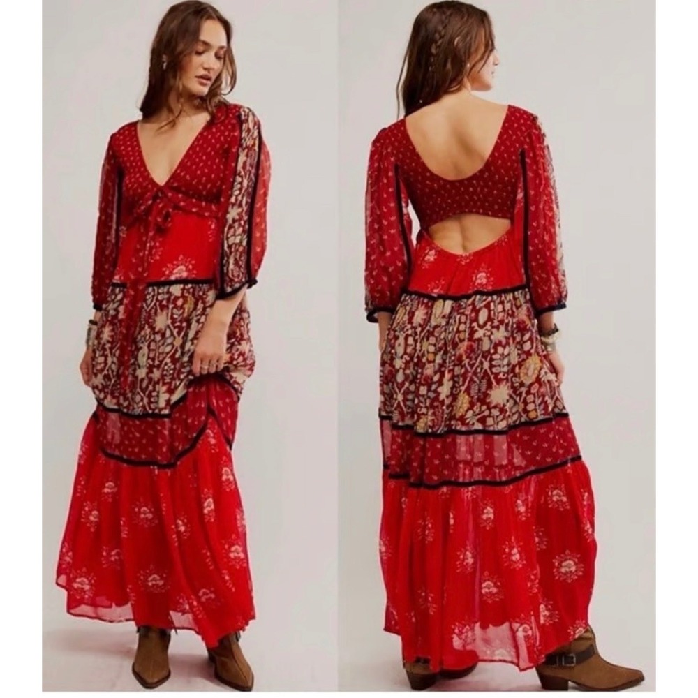 Free People Red Viscose Maxi Dress Mixed Print Boho Cutout Medium